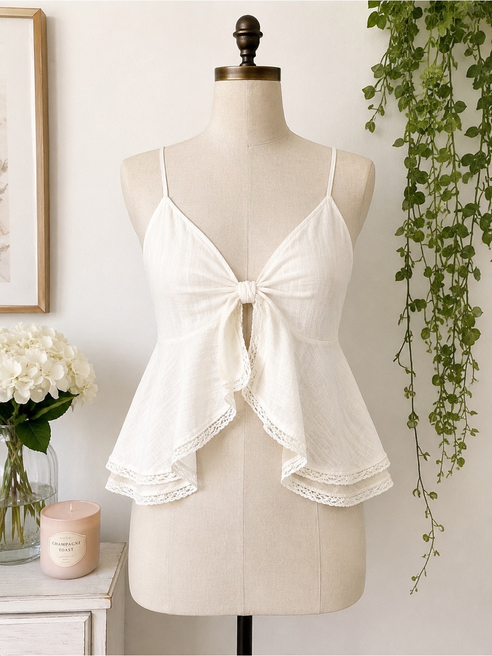 Victoria’s Secret PINK Tie Front Lace Trim Cami Top White Size XL NWT